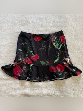 Express Black Mini Skirt with Red Flowers size M